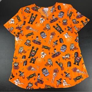 Scrubstar Women’s Halloween Scrub Top Size M Skeleton, Spider, Pumpkin, Ghost